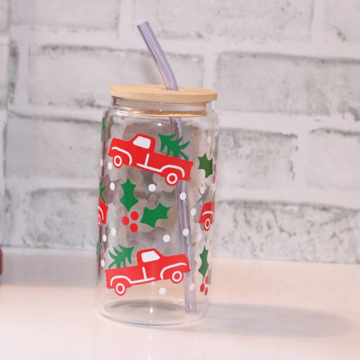 Christmas Truck Glass Can Cup